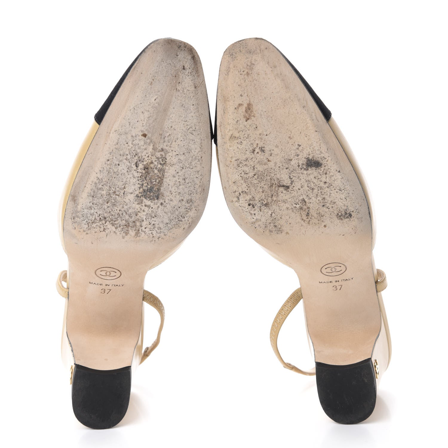 Chanel Goatskin Grosgrain Cap Toe CC Slingback Pumps 37 Beige Black 5 of 11
