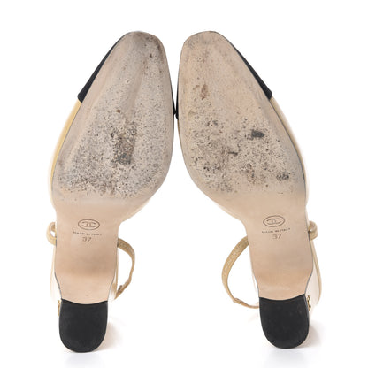 Chanel Goatskin Grosgrain Cap Toe CC Slingback Pumps 37 Beige Black 5 of 11