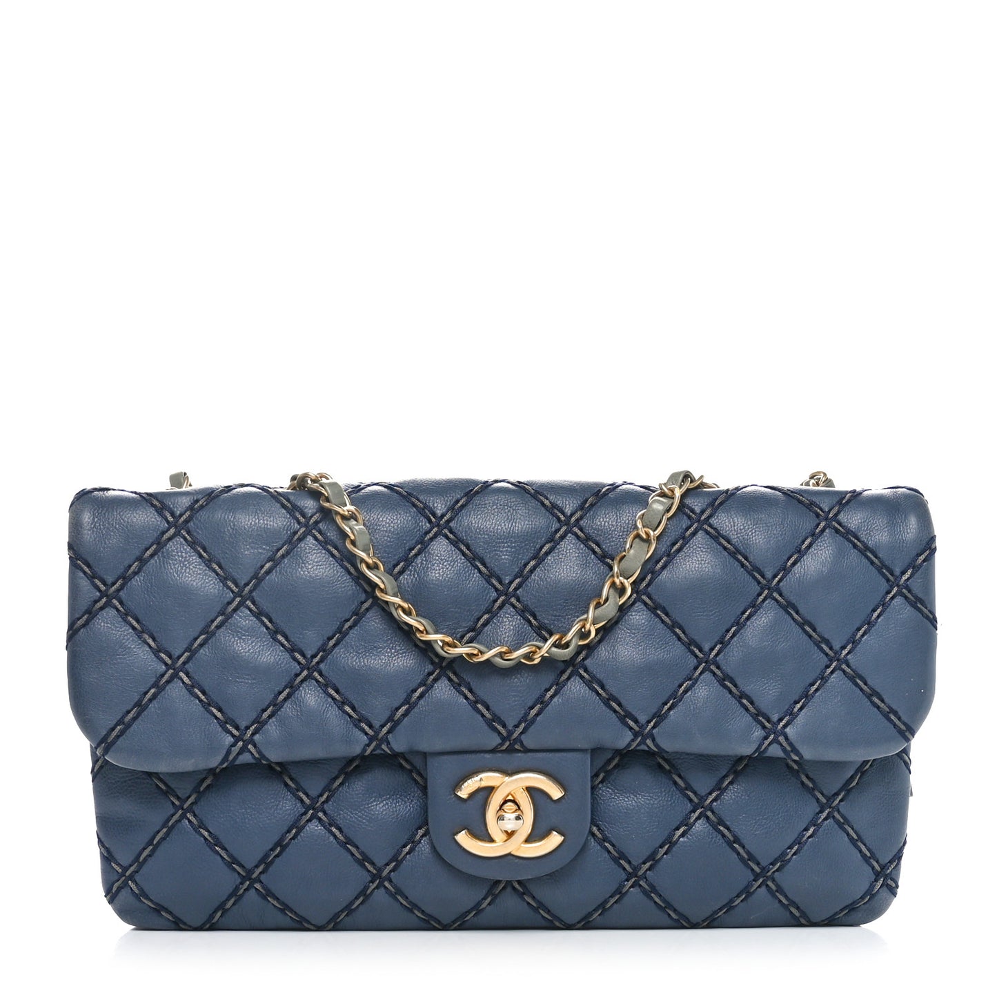 Calfskin Quilted Chic Stitch Flap Blue