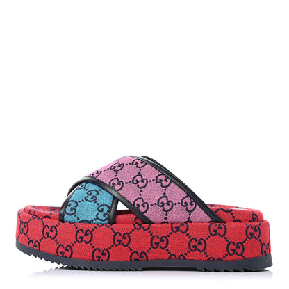 Gucci Monogram Multicolor Criss Cross Platform Slide Sandals 37.5 Light Blue Blue Pink Red 1 of 4