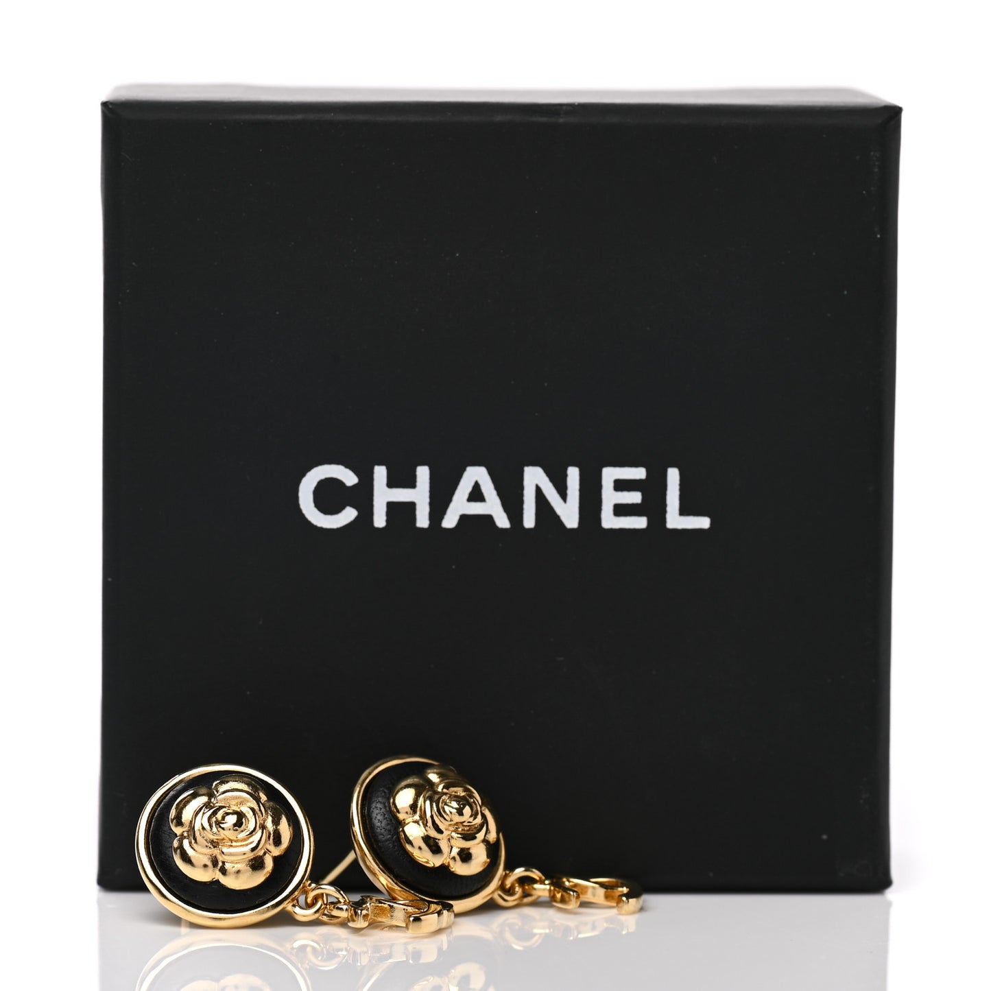 Metal Lambskin Camellia CC Drop Earrings Gold Black