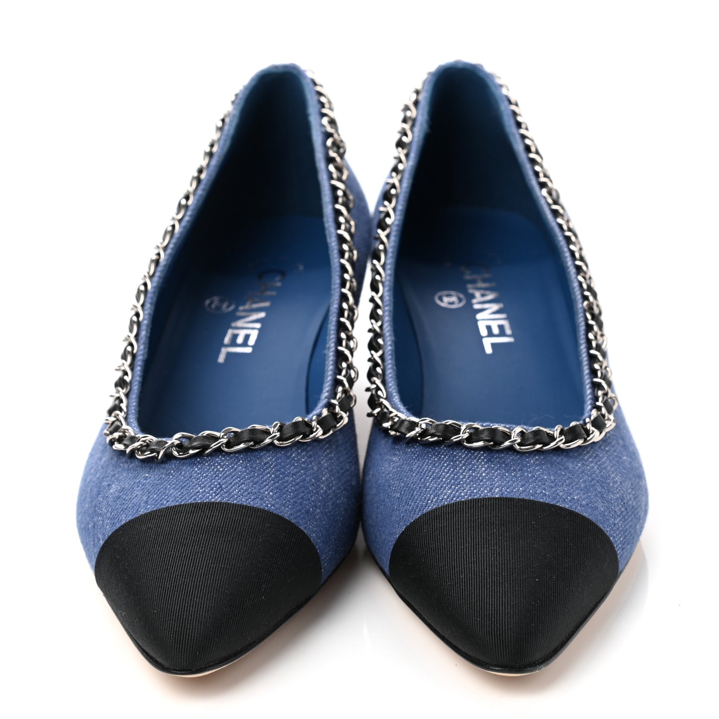Denim Grosgrain Chain Cap Toe Pumps 38 Blue Black