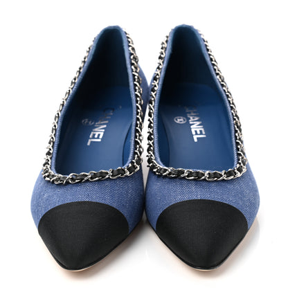 Chanel Denim Grosgrain Chain Cap Toe Pumps 38 Blue Black 2 of 10