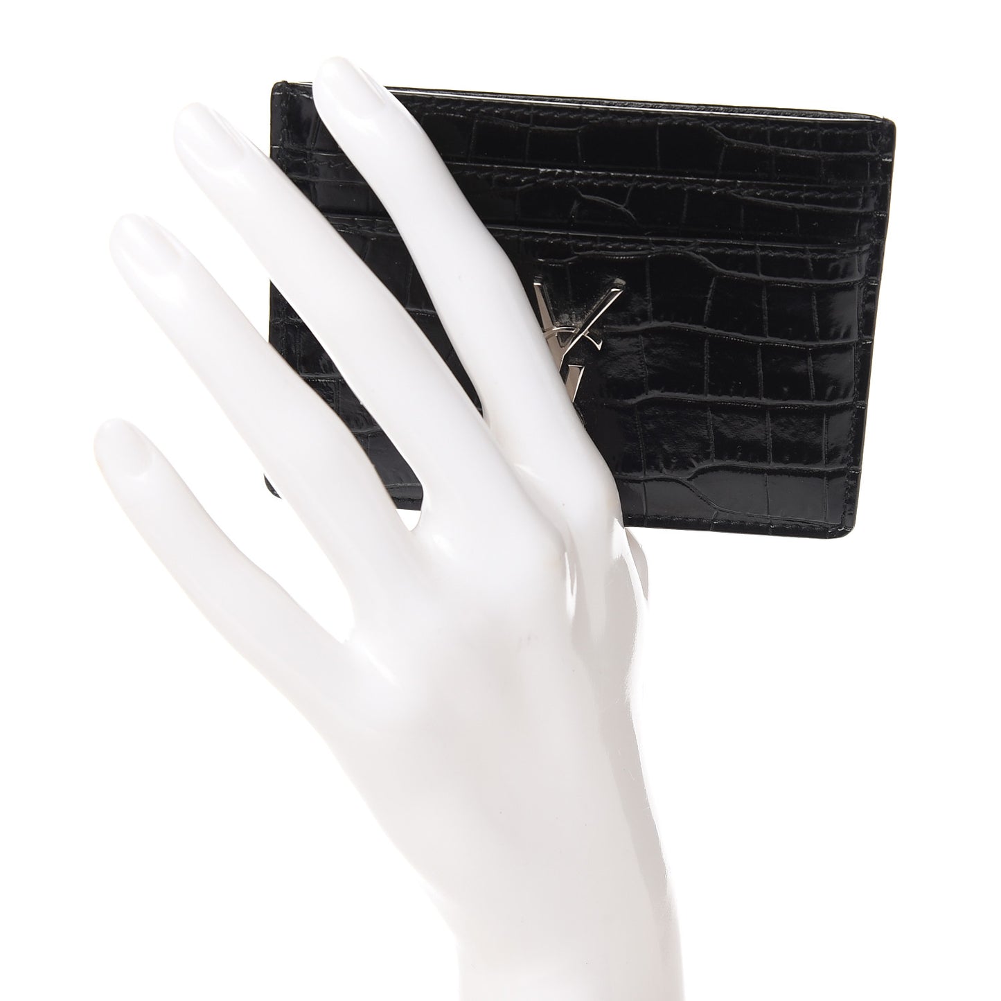 Calfskin Crocodile Embossed Monogram Credit Card Case Black