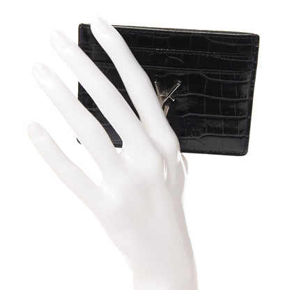 Saint Laurent Calfskin Crocodile Embossed Monogram Credit Card Case Black 2 of 9