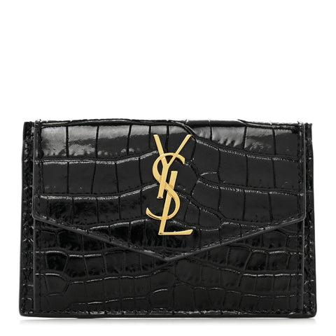 Calfskin Crocodile Embossed Uptown Monogram Card Case Black