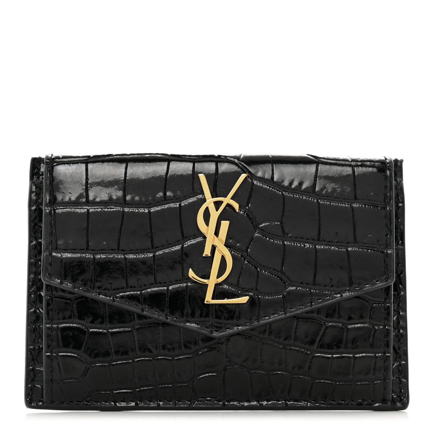 Saint Laurent Calfskin Crocodile Embossed Uptown Monogram Card Case Black 1 of 8