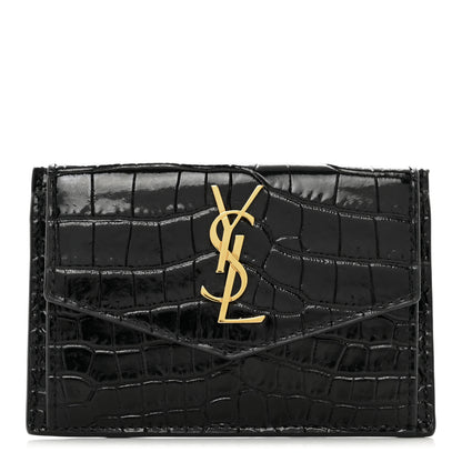 Saint Laurent Calfskin Crocodile Embossed Uptown Monogram Card Case Black 1 of 8
