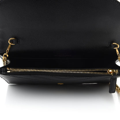 Saint Laurent Grain De Poudre Matelasse Chevron Monogram Envelope Chain Wallet Black 7 of 10