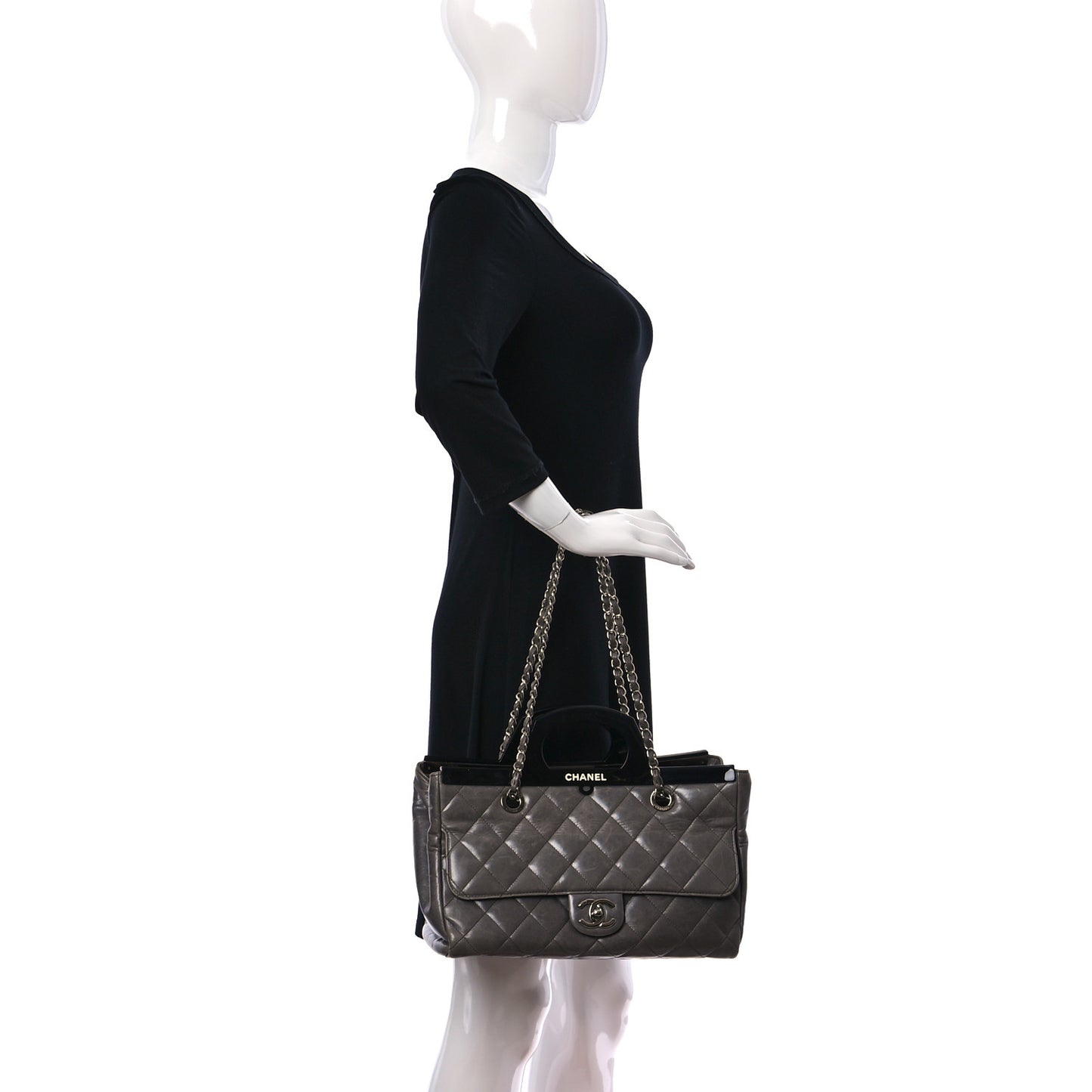 Glazed Calfskin Quilted Small CC Delivery Tote Grey