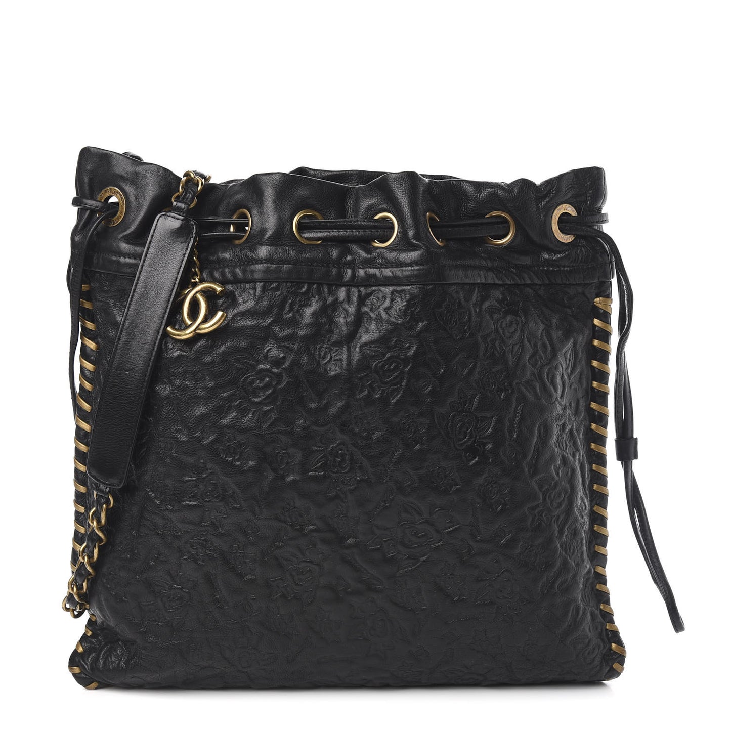 Calfskin Camellia Embossed Drawstring Shoulder Bag Black