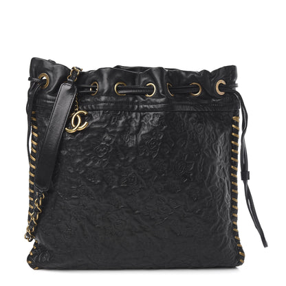 Chanel Calfskin Camellia Embossed Drawstring Shoulder Bag Black 1 of 10