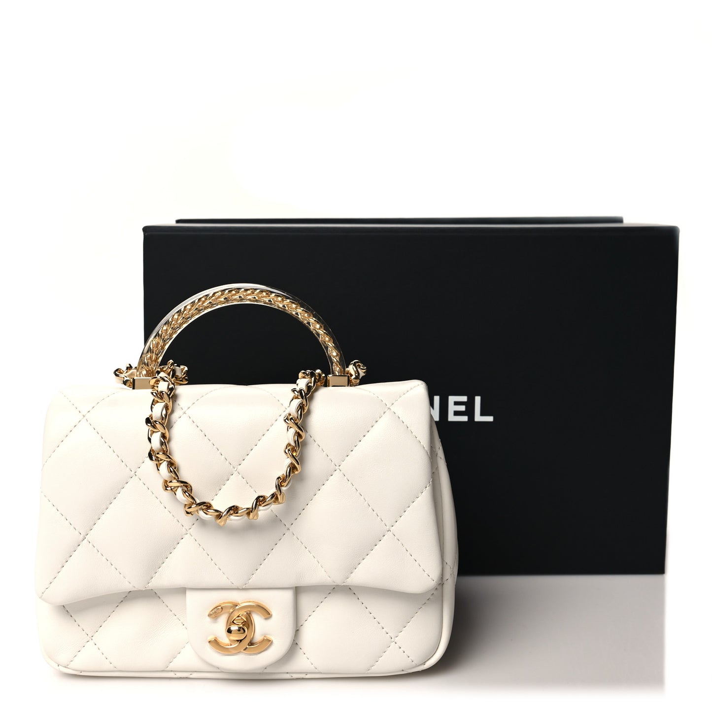Lambskin Resin Quilted Top Handle Flap White