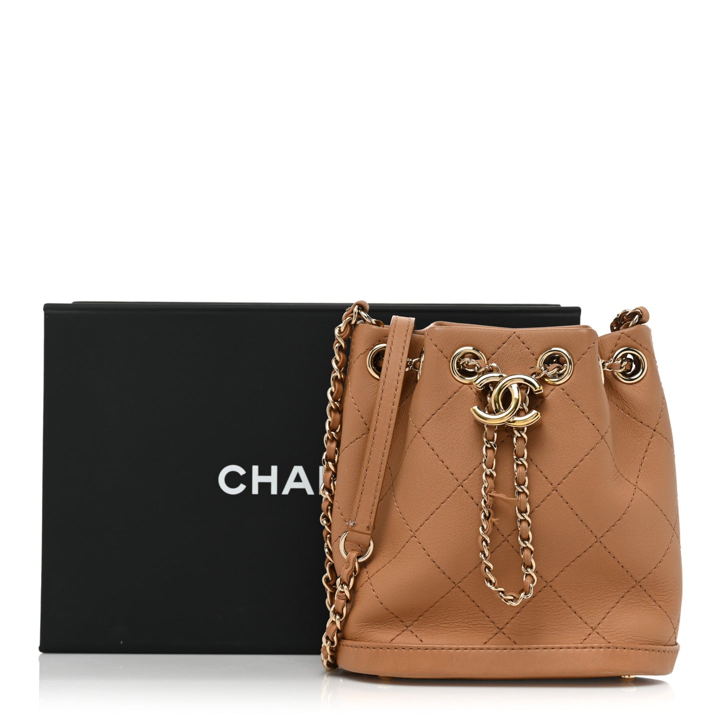 Calfskin Stitched Chain Bucket Bag Camel