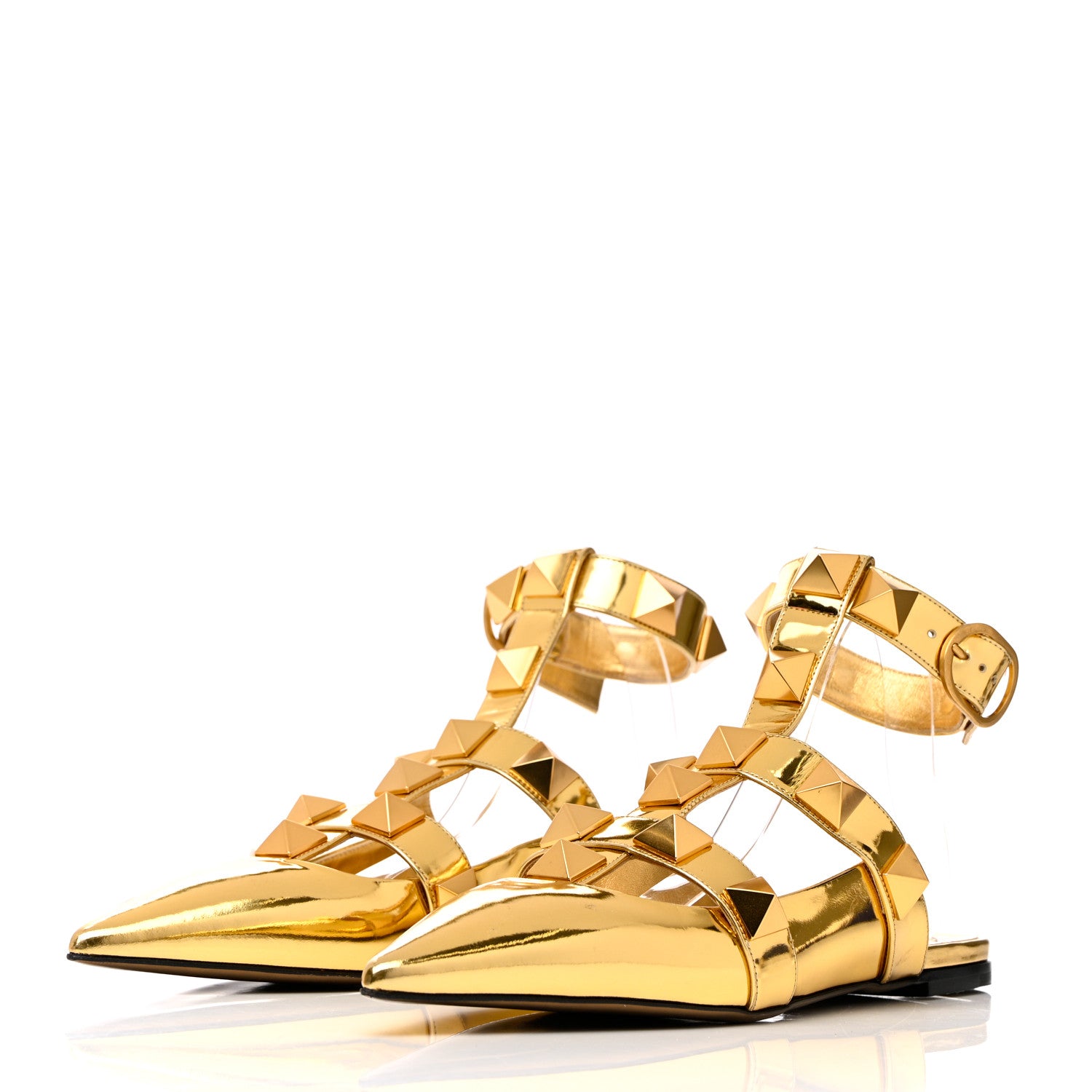Valentino Garavani Metallic Patent Roman Stud Ankle Strap Flat Mules 41 Antique Brass 3 of 12