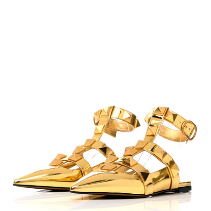 Valentino Garavani Metallic Patent Roman Stud Ankle Strap Flat Mules 41 Antique Brass 3 of 12