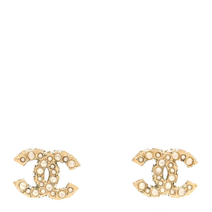 Chanel Metal Graduated Pearl Crystal CC Earrings Light Gold 1 of 5