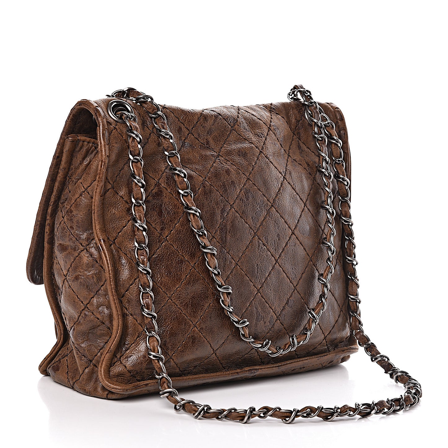 Aged Crumpled Calfskin Small Vintage Flap Brown