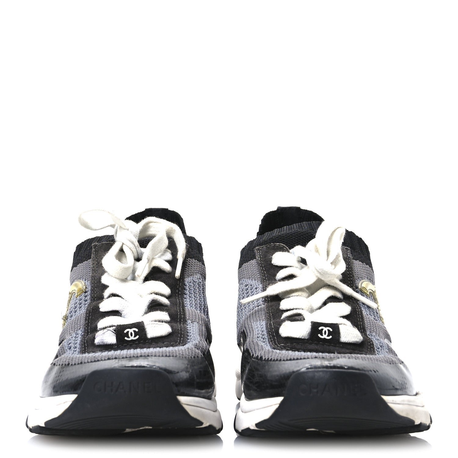 Chanel Fabric Suede Calfskin Womens CC Sneakers 38.5  Black Grey 3 of 7