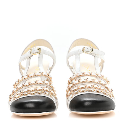 Chanel Lambskin Cap Toe Chain Slingback Pumps 37 White Black 5 of 16