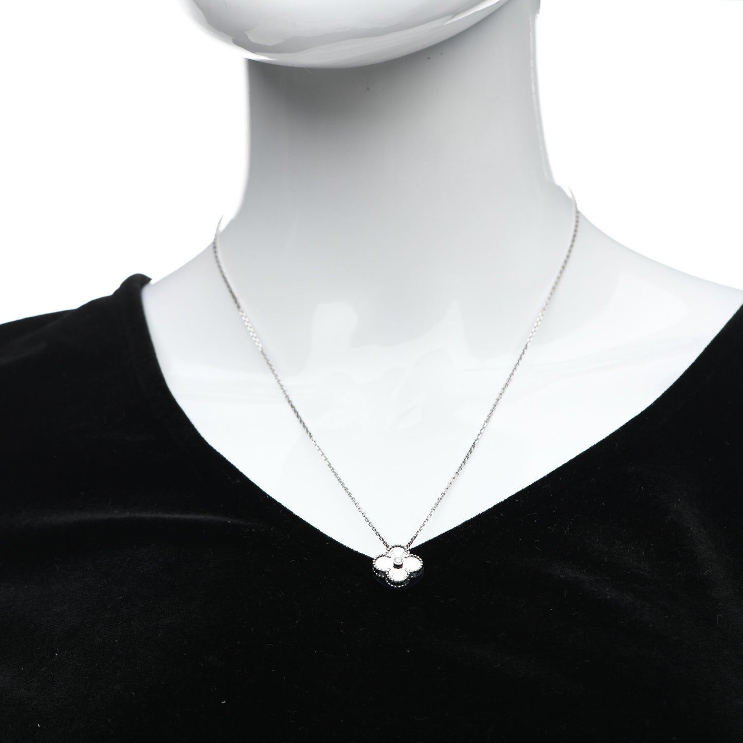 18K White Gold Diamond Guilloche Vintage Alhambra Pendant Necklace