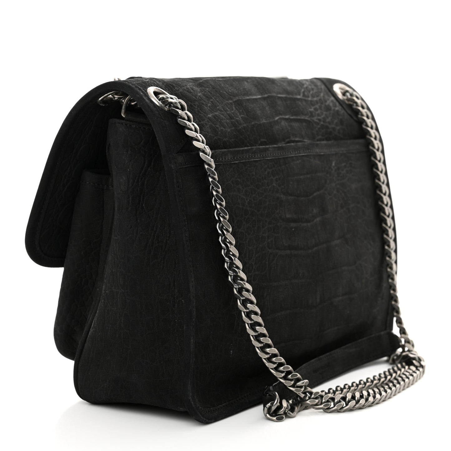 Nubuck Crocodile Embossed Monogram Medium Niki Chain Satchel Black