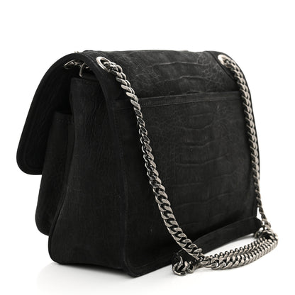 Saint Laurent Nubuck Crocodile Embossed Monogram Medium Niki Chain Satchel Black 3 of 10