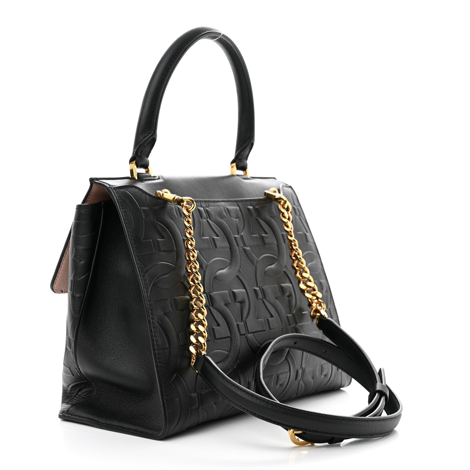 Salvatore Ferragamo Calfskin Gancini Embossed Trifolio Top Handle Bag Black 3 of 9
