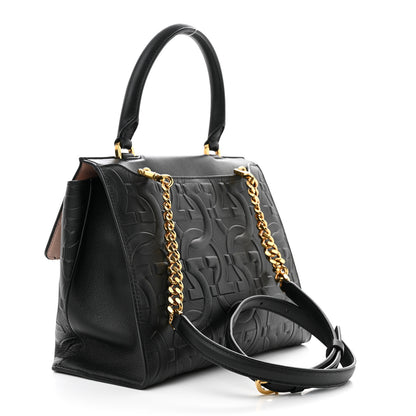 Salvatore Ferragamo Calfskin Gancini Embossed Trifolio Top Handle Bag Black 3 of 9