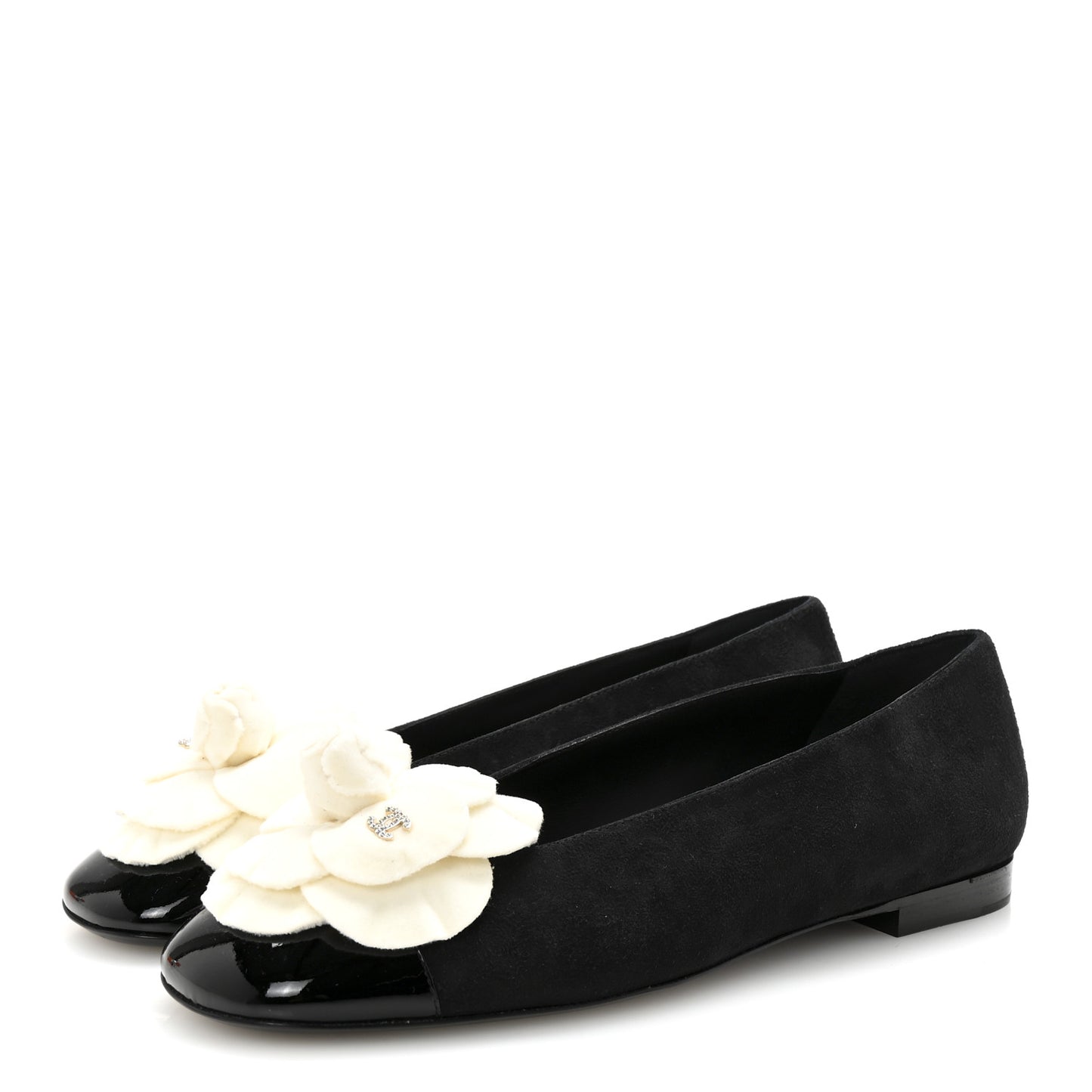 Suede Patent Cap Toe Camellia Ballerina Flats 39.5 Black White