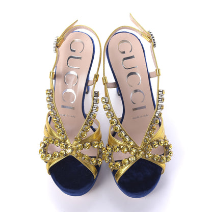 Gucci Velvet Nappa Crystal Zephyra Slingback Platform High Heel Sandals 35.5 Blue Gold 6 of 10