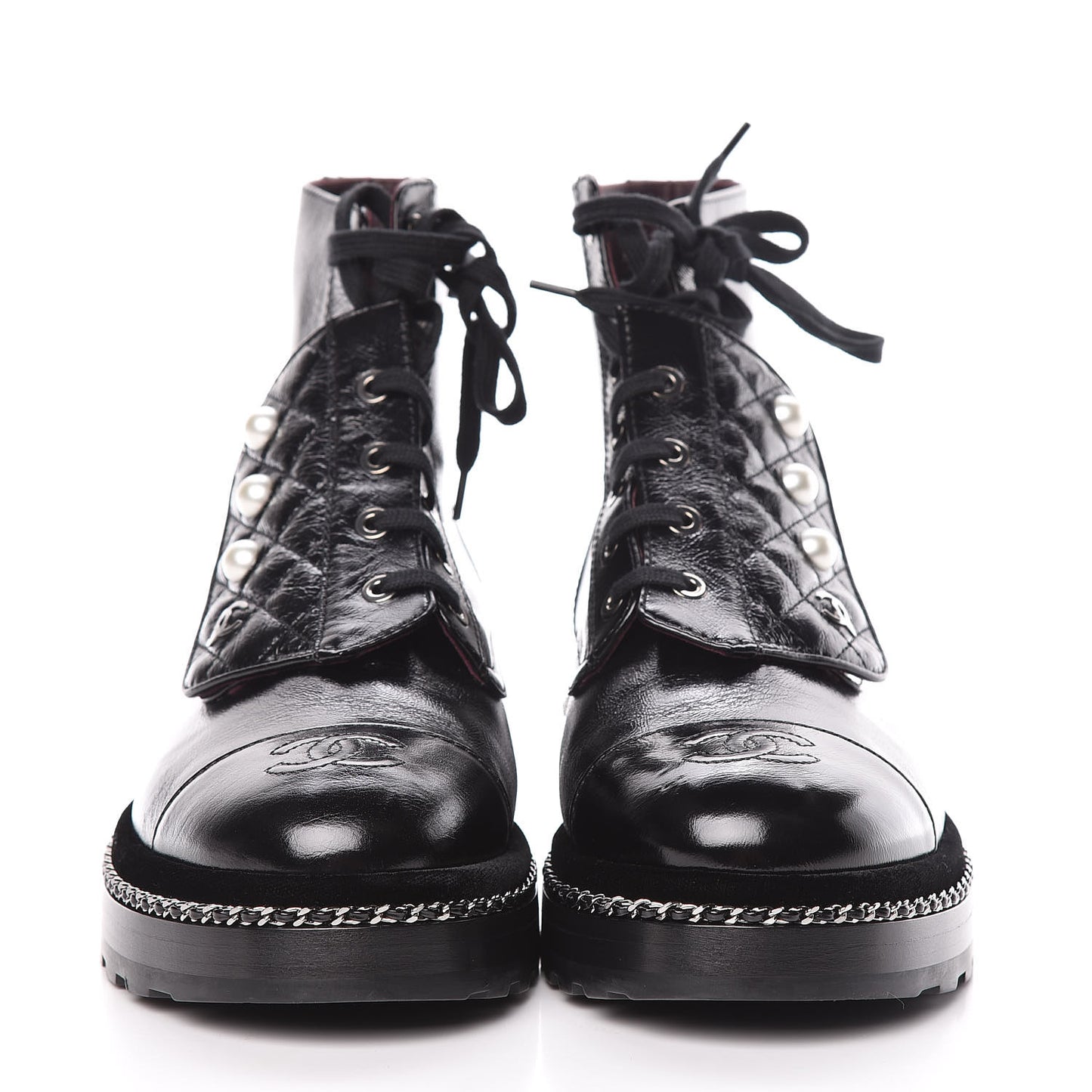 Crackled Calfskin Velvet Pearl Combat Short Boots 40 Black