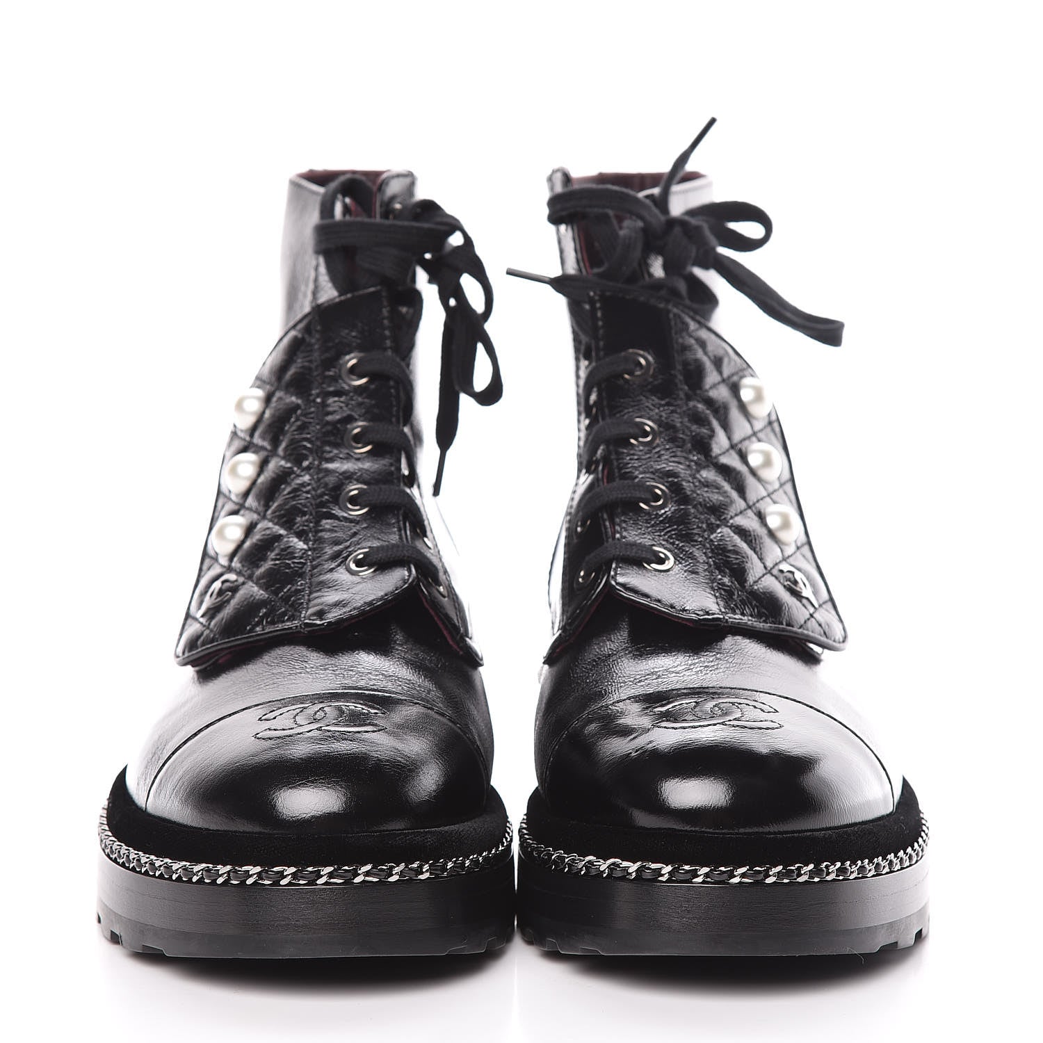 Chanel Crackled Calfskin Velvet Pearl Combat Short Boots 40 Black 2 of 8