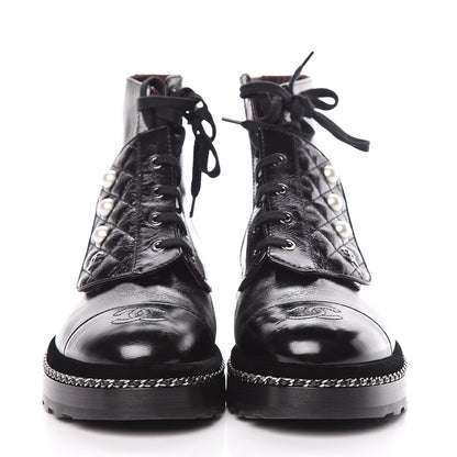 Chanel Crackled Calfskin Velvet Pearl Combat Short Boots 40 Black 2 of 8