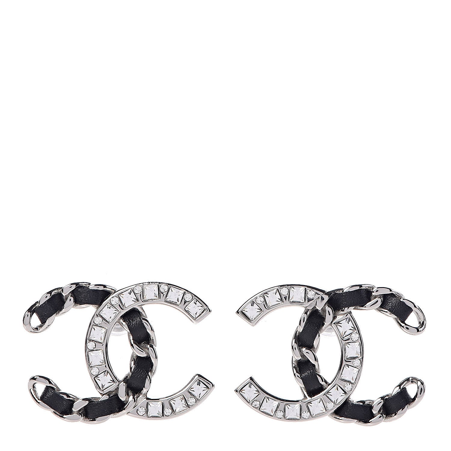 Chanel Crystal Lambskin CC Earrings Silver Black 1 of 5