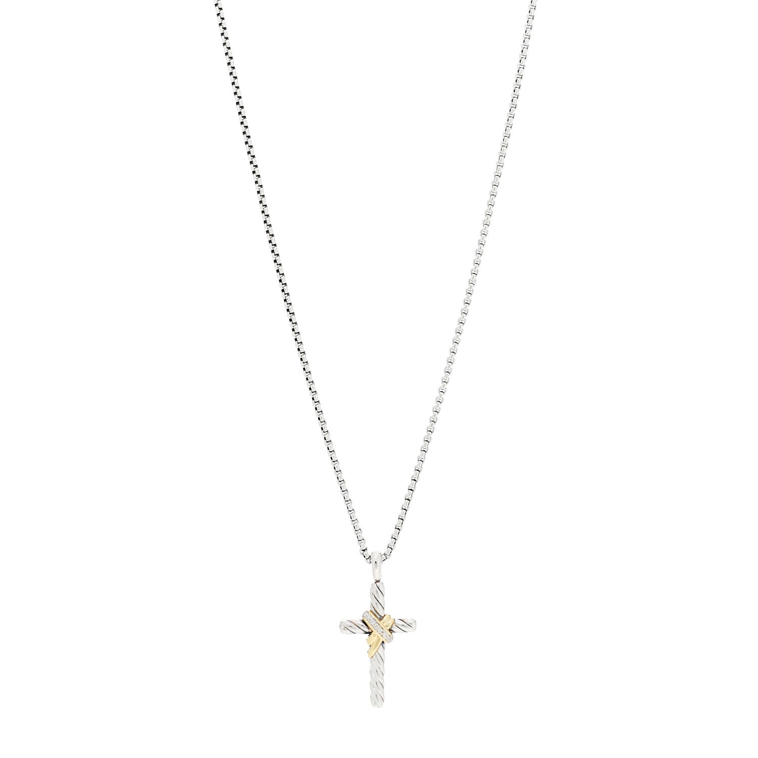 David Yurman Sterling Silver 14K Yellow Gold Diamond 32mm X Cross Pendant Necklace 1 of 4