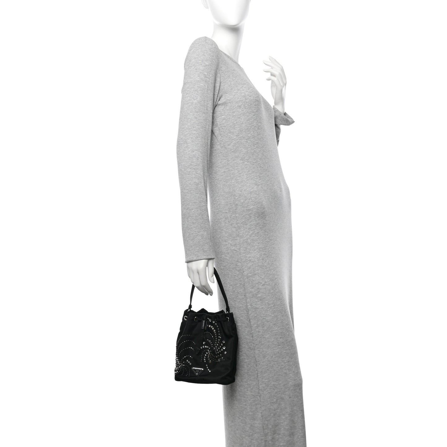 Tessuto Saffiano Ricamo Sequin Crystal Embellished Mini Re-Edition 1978 Bucket Bag Black