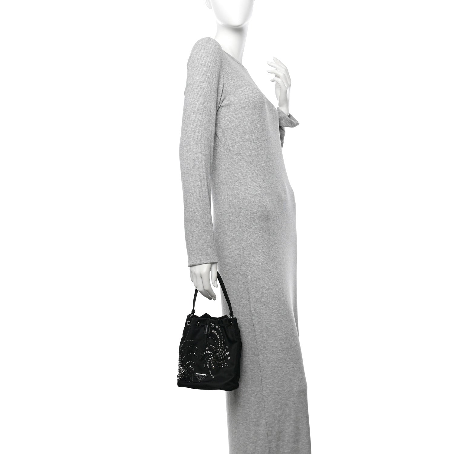 Prada Tessuto Saffiano Ricamo Sequin Crystal Embellished Mini Re-Edition 1978 Bucket Bag Black 2 of 12