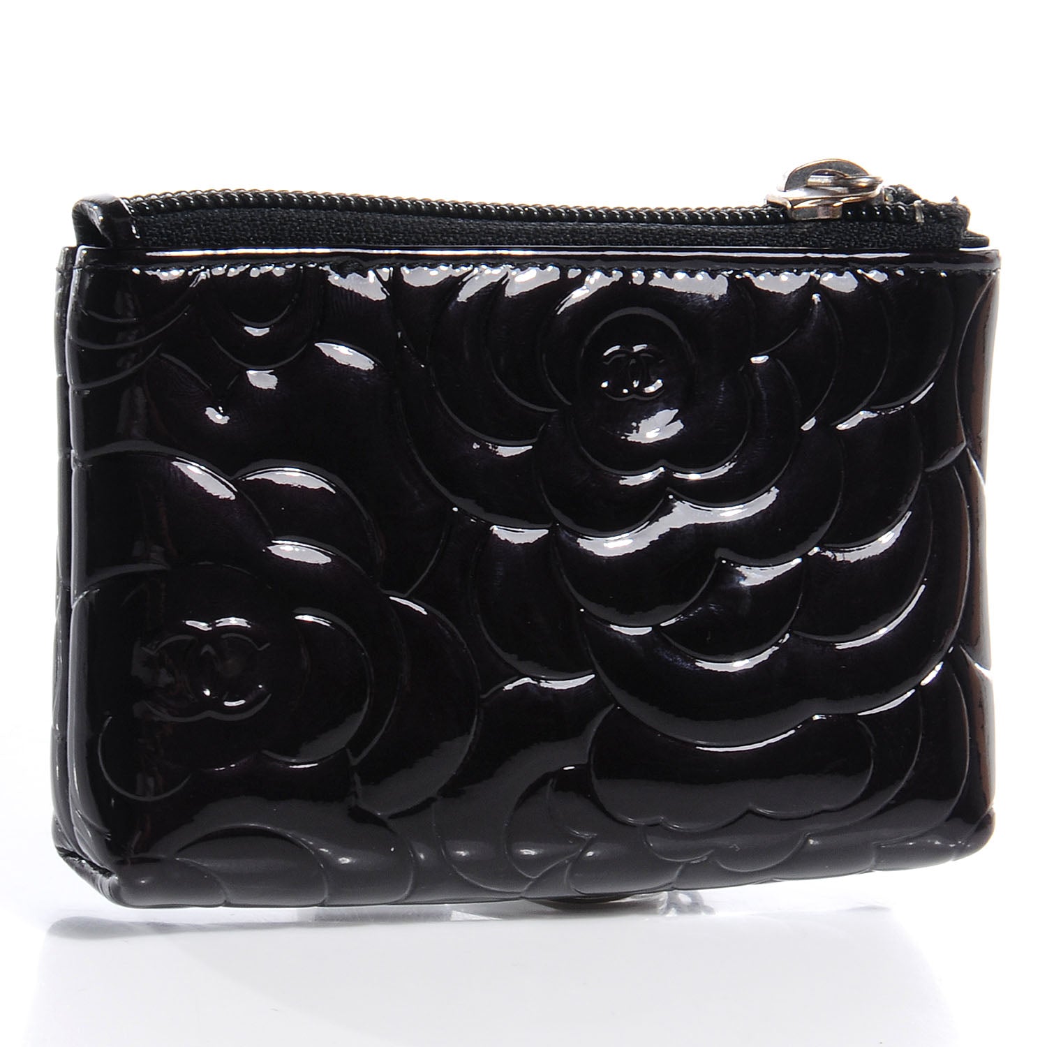 Chanel Patent Leather Camellia Embossed Key Holder Case Black 3 of 8