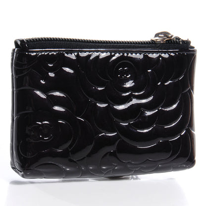 Chanel Patent Leather Camellia Embossed Key Holder Case Black 3 of 8