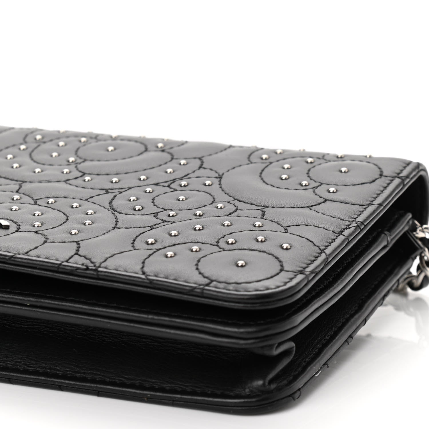 Chanel Lambskin Camellia Studded Wallet on Chain WOC Black 10 of 12