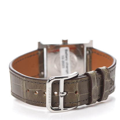 Hermes Stainless Steel Alligator Diamond Bezel Mother of Pearl 21mm Heure H Hour Quartz Watch Gris Elephant 3 of 5