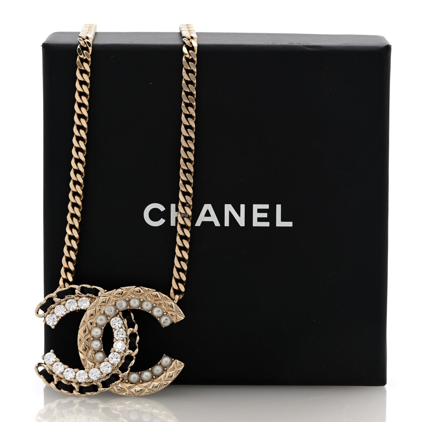 Metal Pearl Crystal Lambskin CC Chain Necklace Gold Black White