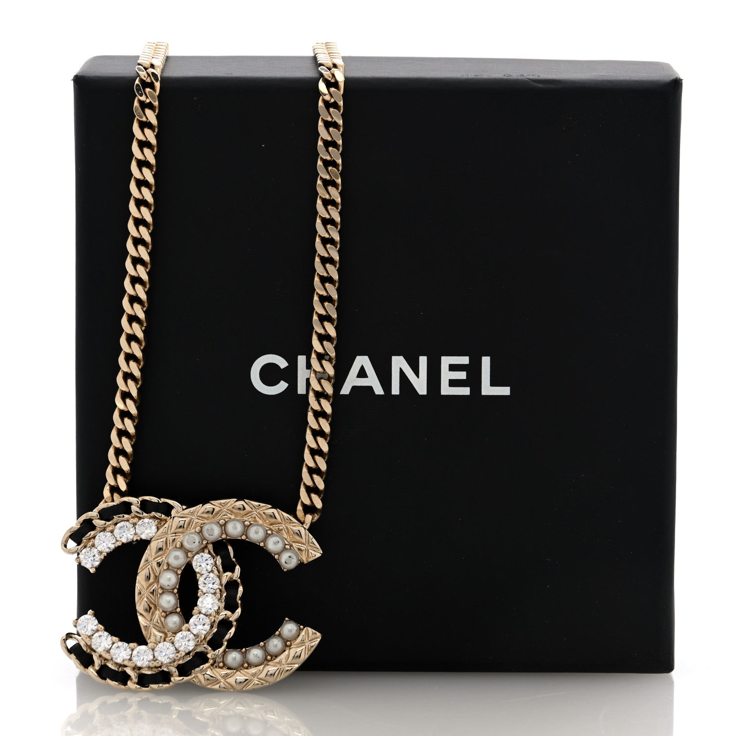 Chanel Metal Pearl Crystal Lambskin CC Chain Necklace Gold Black White 5 of 5