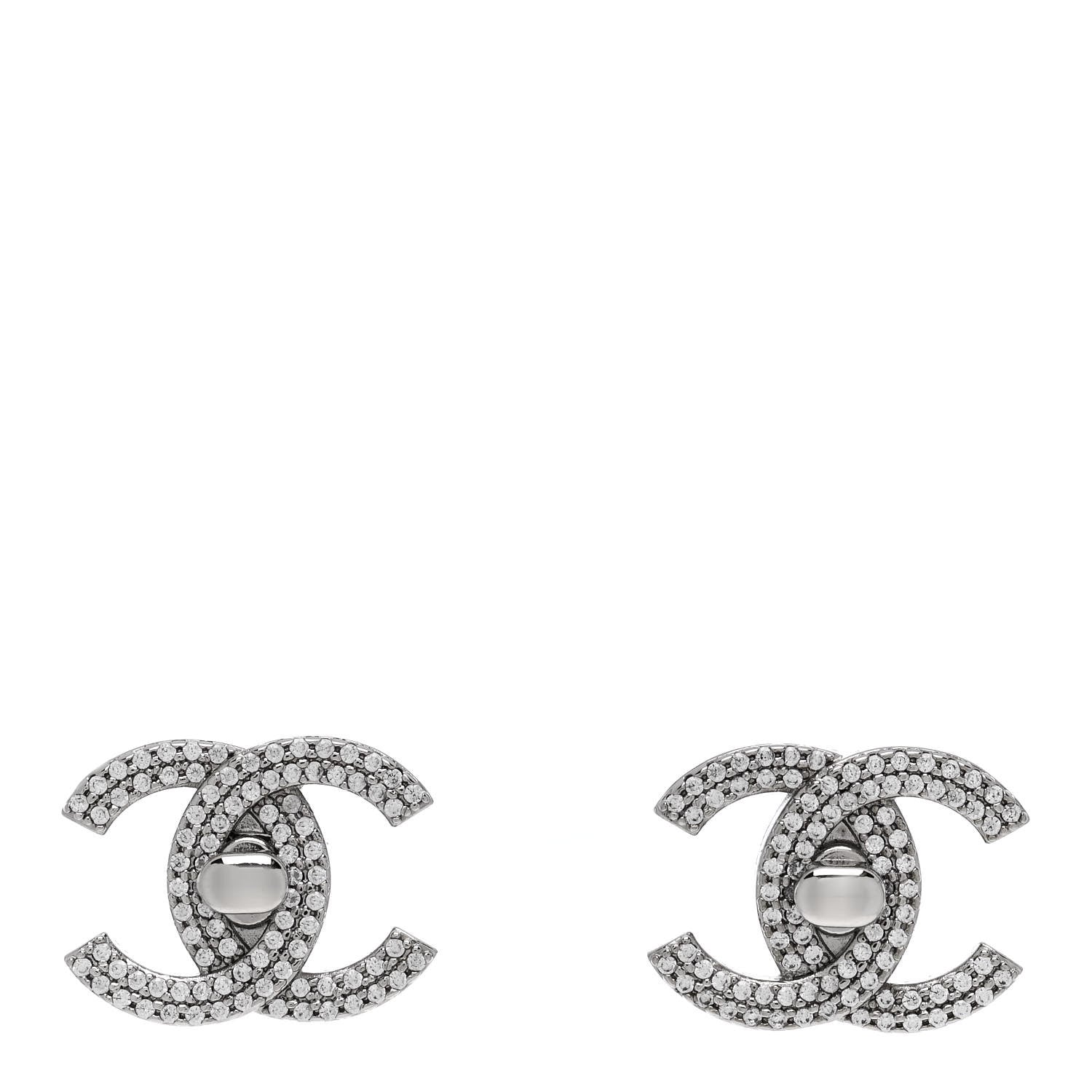Chanel Crystal CC Turnlock Earrings Silver 1 of 5