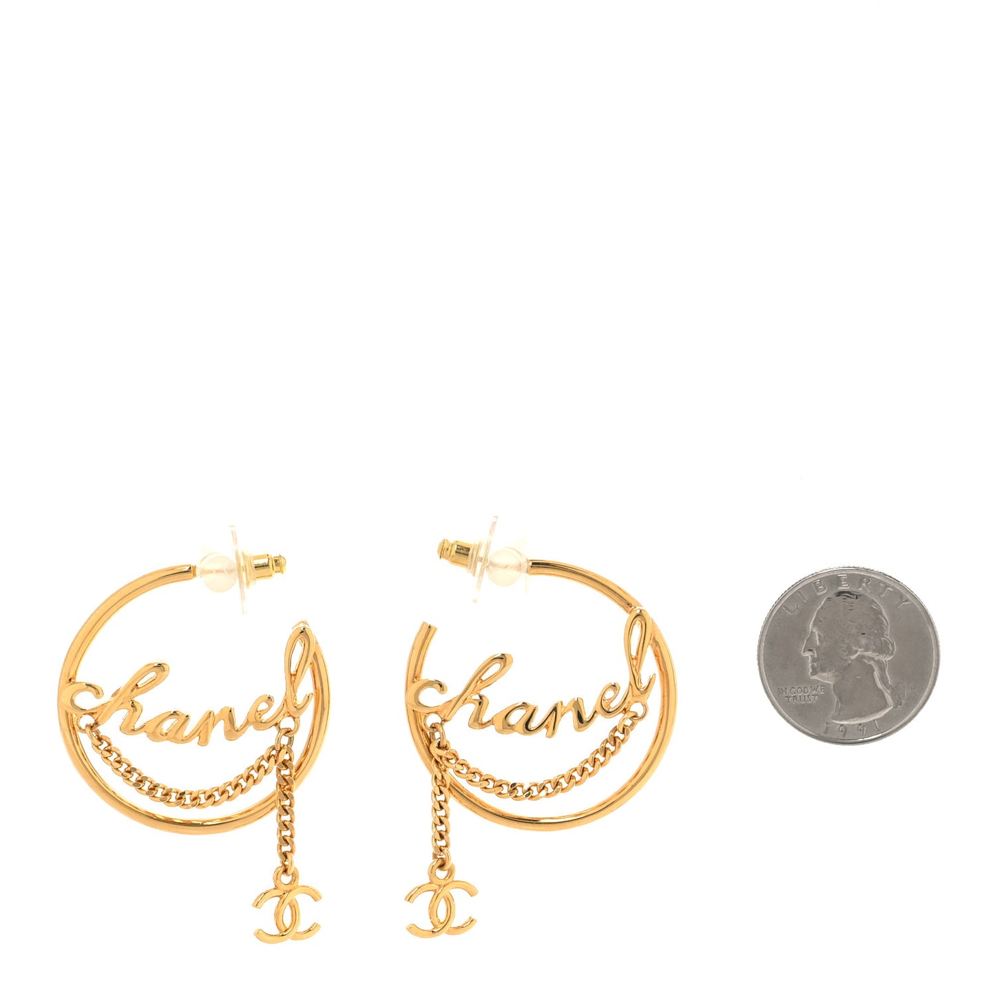 Metal Chain CC Hoop Earrings Gold