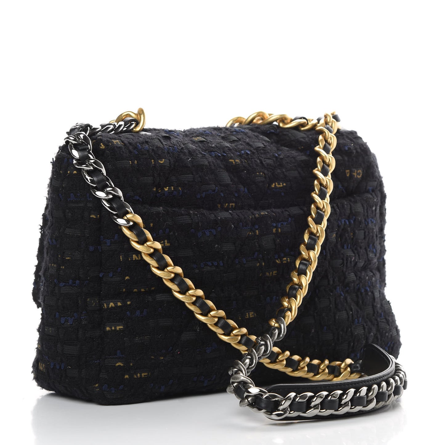 Tweed Quilted Large 19 Flap Black Navy Gold