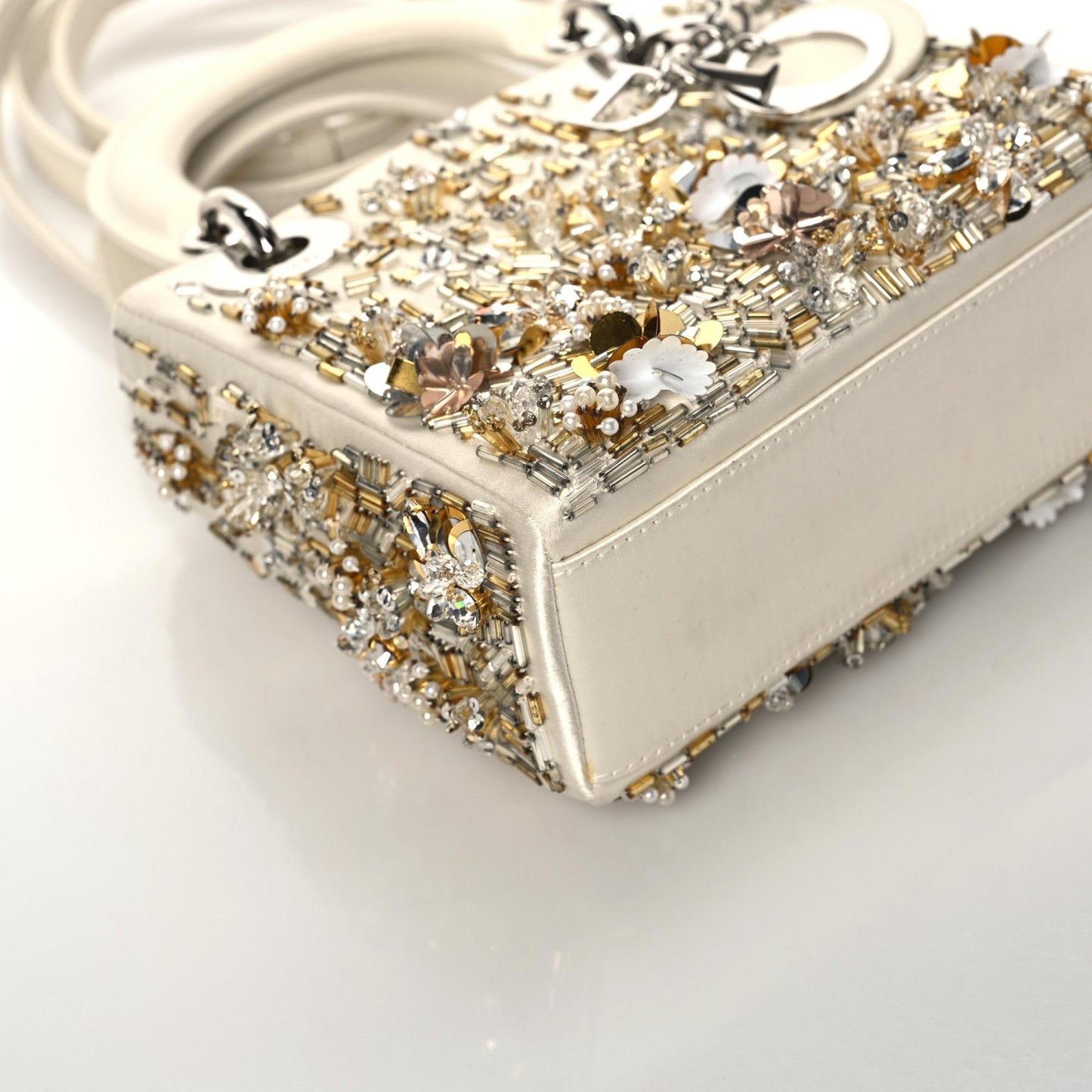 Satin Lambskin Sequin Embroidered Mini Lady Dior White Gold