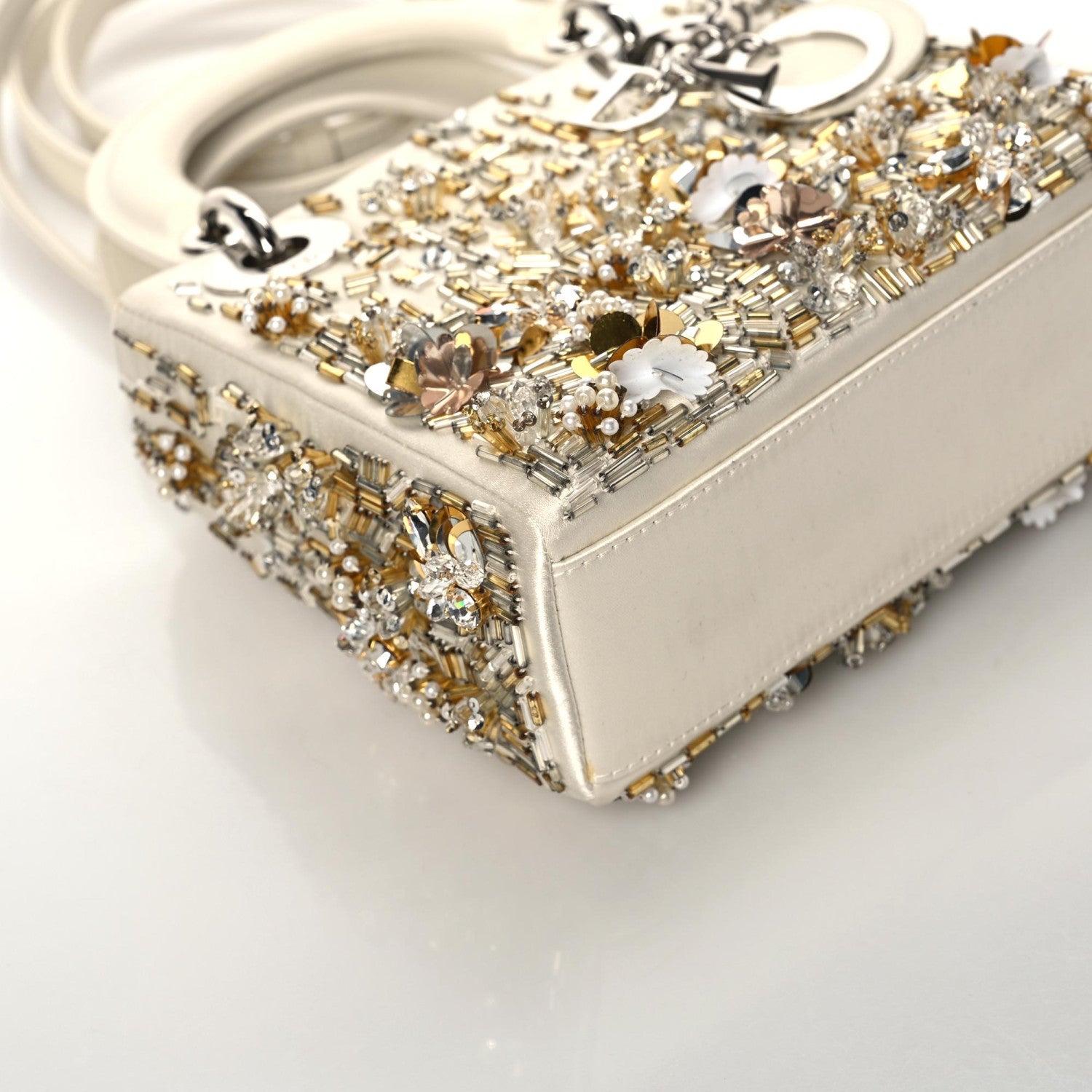Christian Dior Satin Lambskin Sequin Embroidered Mini Lady Dior White Gold 6 of 9