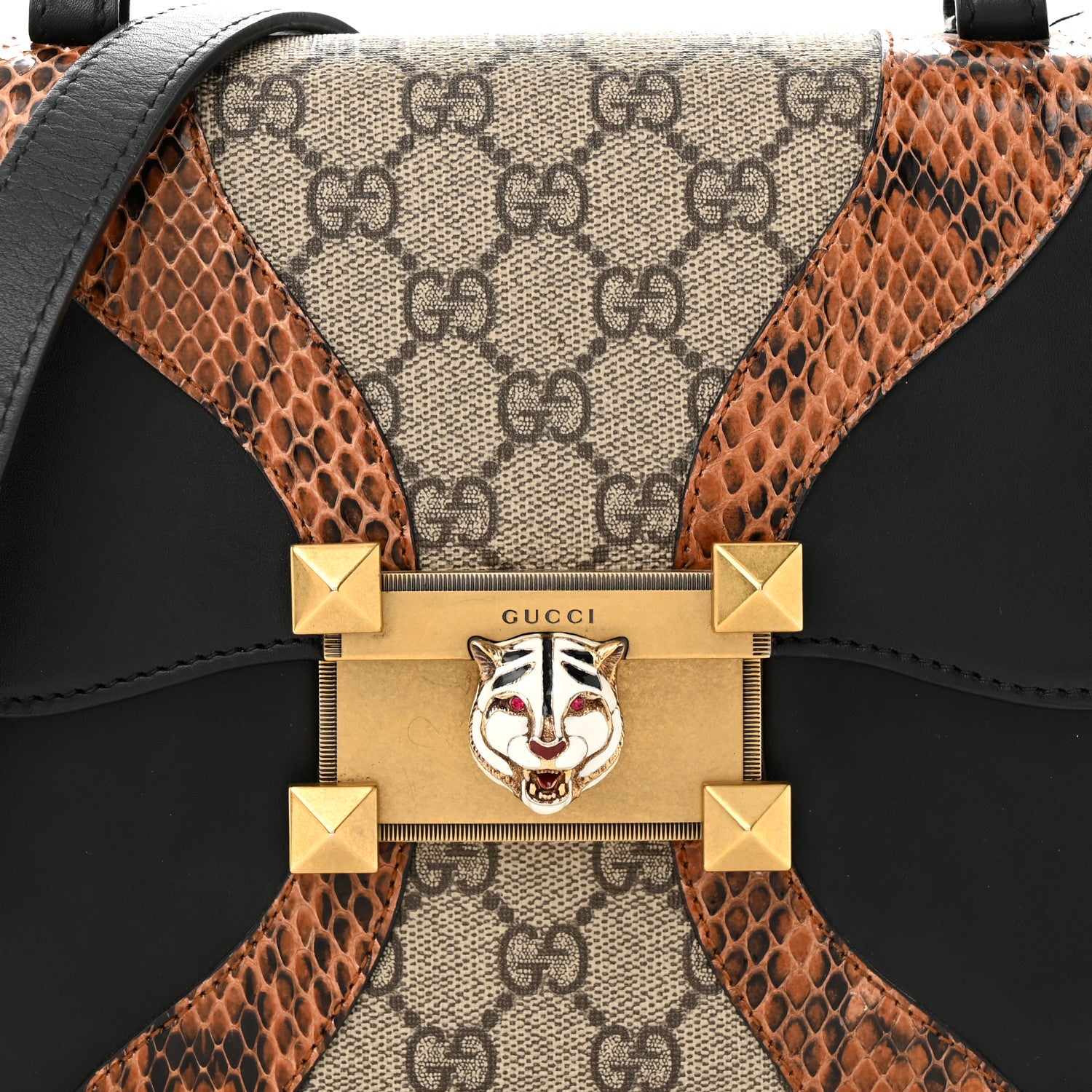 Gucci Nappa Elaphe GG Supreme Monogram Medium Osiride Shoulder Bag Black Bright Cuir Beige Ebony 8 of 10